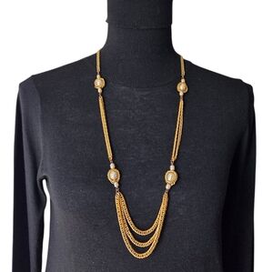 Miriam Haskell Vintage Pearl Festoon Swag Necklace Gold Tone 1970s